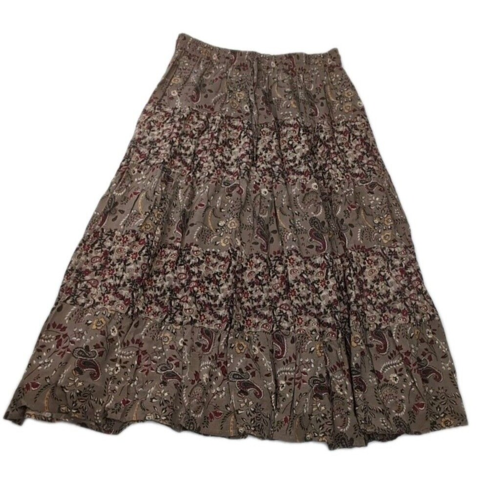 Bobbie Brooks Maxi Broom Skirt Size Large Brown Red Paisley BOHO Cottagecore VTG